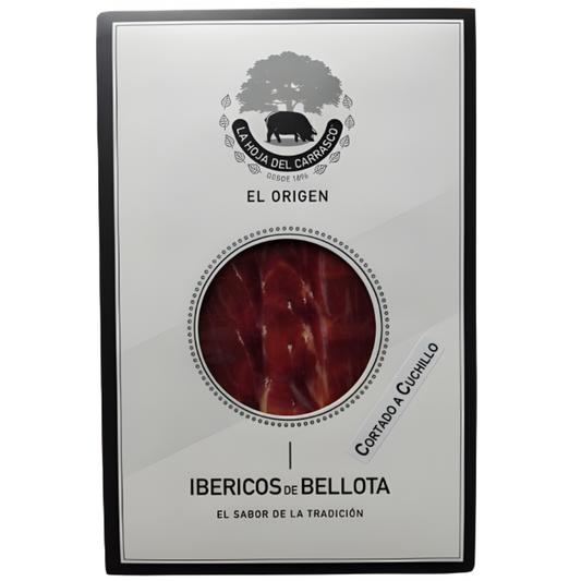 La Hoja del Carrasco El Origen pack of hand-carved 100% Ibérico acorn-fed ham, with a round window on the slices