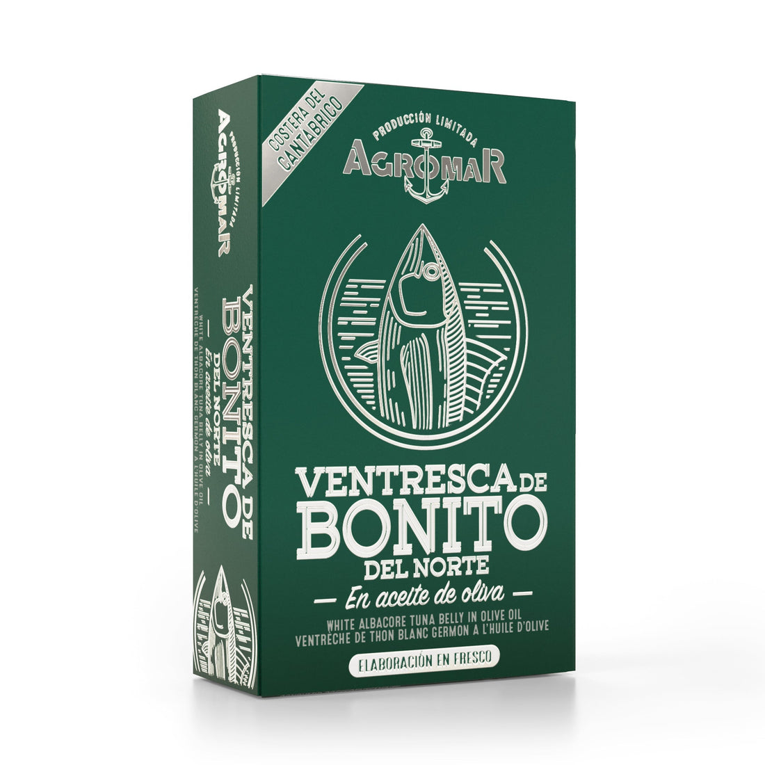 Green Agromar box of Ventresca de Bonito del Norte, white albacore tuna belly in olive oil, with a silver fish drawing