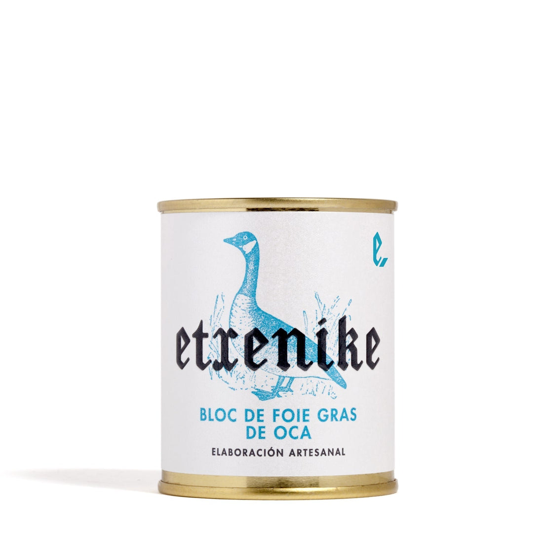 Etxenike tin of goose foie gras bloc with a white label and a blue goose illustration