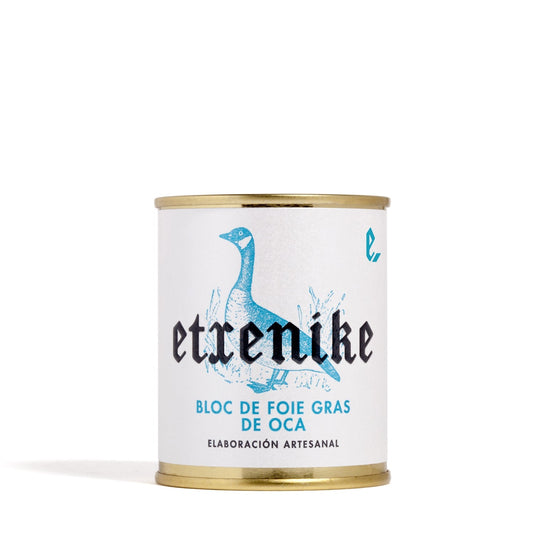 Etxenike tin of goose foie gras bloc with a white label and a blue goose illustration