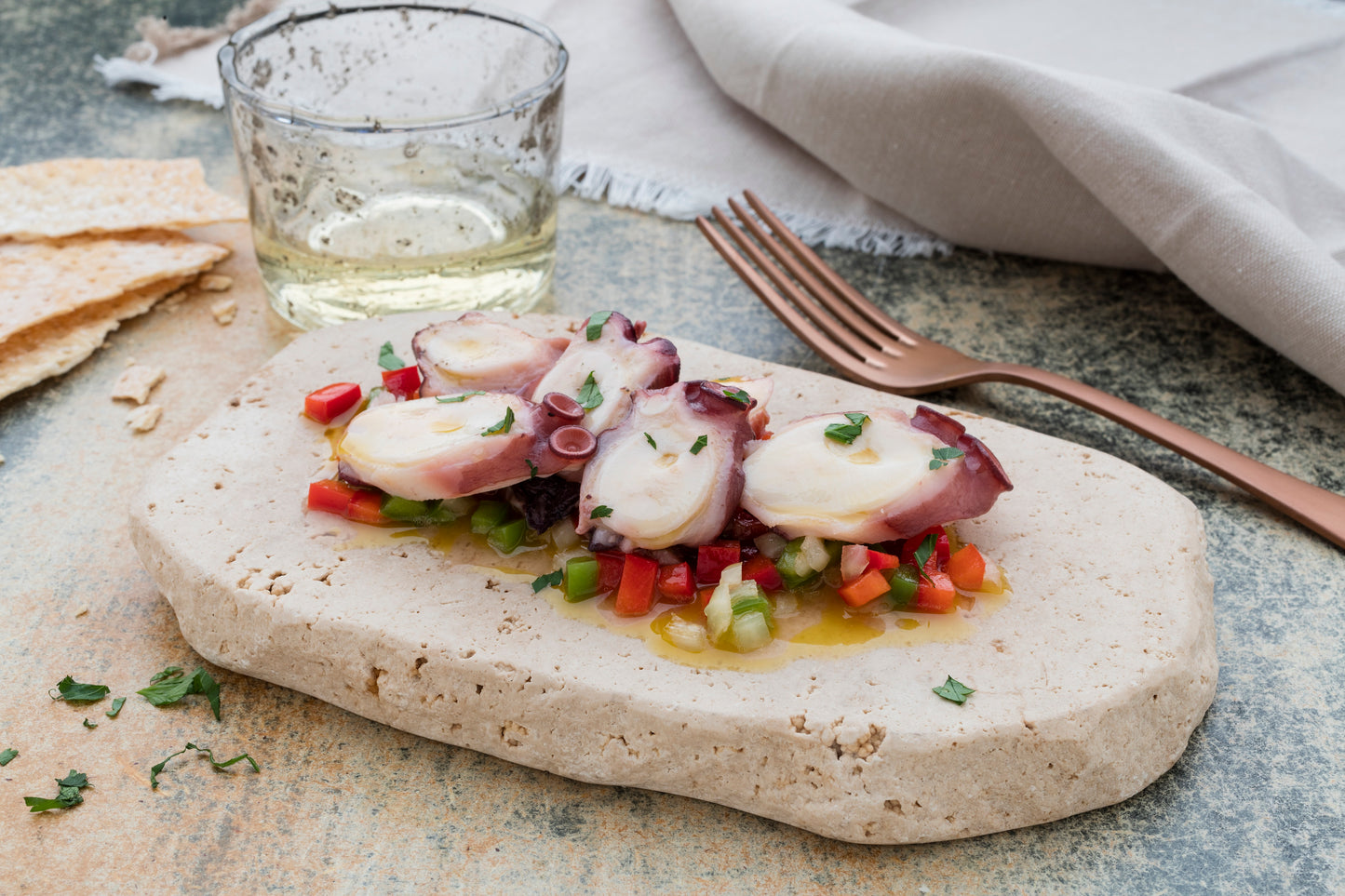 Octopus slices in olive oil